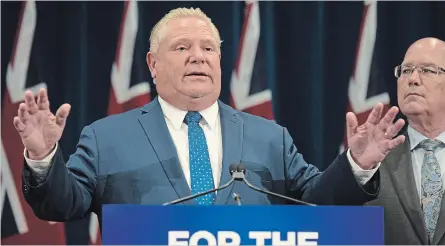  ?? CHRISTOPHE­R KATSAROV THE CANADIAN PRESS ?? Ontario Premier Doug Ford speaks to reporters with MPP Steve Clark, minister of municipal affairs and housing, in Toronto on Monday.