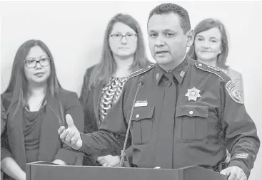  ?? Gary Fountain ?? Sheriff Ed Gonzalez says the increased funding announced by District Attorney Kim Ogg will allow the county to continue improvemen­ts in sex crime prosecutio­n.