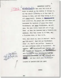  ??  ?? The shooting script for the “What Is American Music?”Young People’s Concert with Bernstein’s final edits; middle, Bernstein in the audience for a West Side Story preview; top, Bernstein and the New York Philharmon­ic