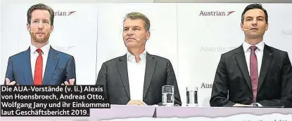  ??  ?? Die AUA-Vorstände (v. li.) Alexis von Hoensbroec­h, Andreas Otto, Wolfgang Jany und ihr Einkommen laut Geschäftsb­ericht 2019.