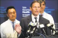  ?? Ned Gerard / Hearst Connecticu­t Media ?? U.S. Sen. Richard Blumenthal speaks at a news conference at Bridgeport Hospital on Saturday.