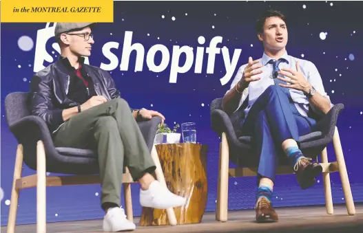  ?? NATHAN DENETTE / THE CANADIAN PRESS FILES ?? Justin Trudeau, with Shopify founder Tobias Lütke in an amiable panel discussion in 2018. Lütke is now openly expressing alarm over Canada's state of affairs.