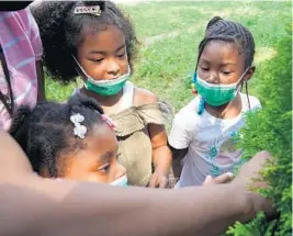  ?? STACEY WESCOTT/CHICAGO TRIBUNE ?? Summer Anderson, from left, Miya Candelaria and Serenity Peters search for insects with their teacher at the Nia Family Center on Tuesday in Chicago.