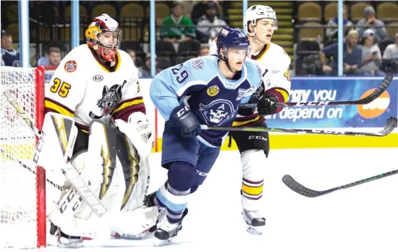  ?? MILWAUKEE ADMIRALS ?? Wolves defenseman Jimmy Schuldt battles Admirals left wing Daniel Carr (29) in front of goalie Oscar Dansk on Wednesday night in Milwaukee.