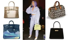  ??  ?? Handbag aficionado Cardi B with some of the examples fuelling the secondhand market. Composite: Christies, Back Grid, Bonhams, Fellows Auctioneer­s