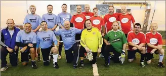  ?? Special to the Herald ?? Champions Theos and runners-up TC Auto gathered for a photo after the B Division final: Back row, from left: Charley Mayer, James Fofonoff, Mike Beliveau, Carlos Mendonca, Murray McMichael, Rob Kroeker, Norm Peters, Harry Higson. Front row: Peter...