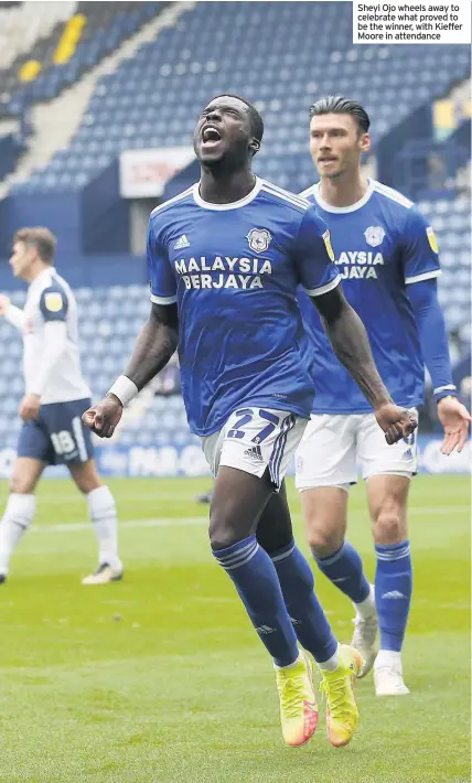  ??  ?? Sheyi Ojo wheels away to celebrate what proved to be the winner, with Kieffer Moore in attendance