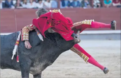  ?? / JULIÁN ROJAS ?? Manuel Escribano, cogido por su segundo toro en la corrida del 30 de mayo.