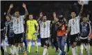  ?? AFP/Getty Images ?? Lionel Messi celebrates with Angel Di María (right) and Leandro Paredes after Argentina’s 3-0 win over Venezuela at La Bombonera. Photograph: Juan Mabromata/