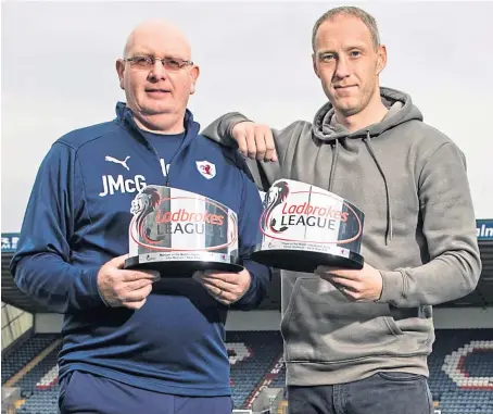  ??  ?? Raith Rovers manager John Mcglynn and central defender Steven Anderson with their Ladbrokes League One awards. Picture: SNS.