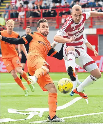  ?? Pictures: SNS Group. ?? Left: Greg Docherty’s shot heads for the United net; above: Tony Andreu tries to evade the challenge of Grant Gillespie; right, from top: Sean Dillon clears from Louis Longridge; Charlie Telfer’s pass is blocked by Ali Crawford; goal scorer Docherty leads the way as Accies celebrate.