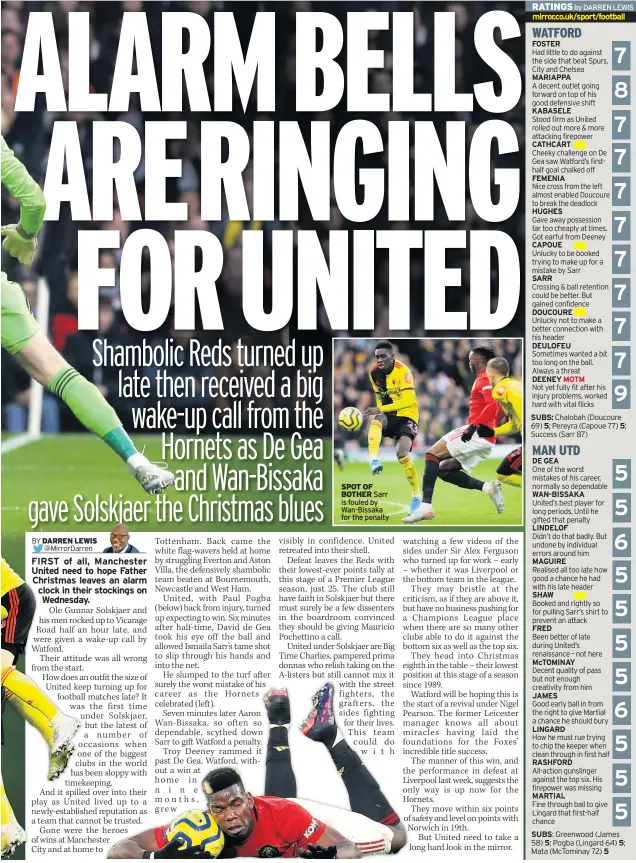  ??  ?? SPOT OF BOTHER Sarr is fouled by Wan-bissaka for the penalty
FOSTER
MARIAPPA
KABASELE
CATHCART
FEMENIA
HUGHES
CAPOUE
SARR
DOUCOURE
DEULOFEU /
DEENEY MOTM
SUBS: 5;
DE GEA
WAN-BISSAKA
LINDELOF
MAGUIRE
SHAW
FRED
MCTOMINAY
JAMES
LINGARD
RASHFORD
MARTIAL
SUBS: 5; / 5 5; 5;