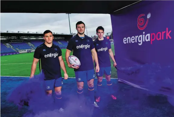  ?? RAMSEY CARDY/SPORTSFILE ?? Jordan Larmour, Robbie Henshaw and Joey Carbery at the announceme­nt of Leinster Rugby’s 10-year naming rights partnershi­p with Energia that will see Donnybrook Stadium renamed Energia Park