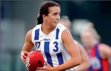  ??  ?? Yarrawonga’s first AFLW recruit Airlie Runnalls playing with North Melbourne in the VFLW. Photo: North Melbourne Football Club.