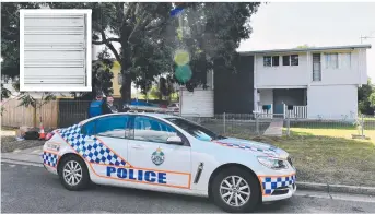  ?? Picture: SHAE BEPLATE ?? CRIME SCENE: A police car outside the Gould St home in Kirwan which was peppered with gunshots on Monday night and (inset) bullet holes in the garage door.