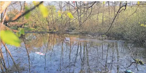  ?? FOTO: CHRISTIAN BEIER ?? Sogar eine Warnbake dümpelt neben Flaschen im Teich am Pohligshof. Den Eigentümer scheint das nicht zu kümmern.