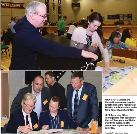  ?? Photos by Michelle Cooper Galvin ?? ABOVE: Pat O’Connor and Marian Brosnan emptying the ballot boxes at the Presidenti­al Election and Referendum at the Aura, Killarney, on Saturday.LEFT: Returning Officer Pádraig Burke with Jean Foley, Martin O’Donoghue and Philip O’Sullivan overseeing the process during the count on Saturday.