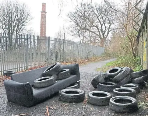  ?? ?? ANTI-SOCIAL BEHAVIOUR: A sofa and several tyres dumped at the Miley in Dundee. Pictures by Gareth Jennings.