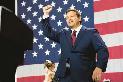  ?? REBECCA BLACKWELL/AP ?? Incumbent Florida Gov. Ron DeSantis arrives to speak to supporters at an election night party in Tampa, Florida, after the Republican won his race for reelection Tuesday.