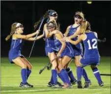  ?? JOHN BLAINE/ FOR THE TRENTONIAN ?? Princeton players celebrate the game-winning goal by Isabel Kinney (19) during the second half of Thursday’s MCT semifinal game against Allentown at Mercer County CC.