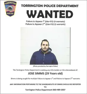  ?? Torrington Police Department / Contribute­d photo ?? The wanted poster of Jose Simms, who has seven failure to appear arrest warrants. If the Facebook post gets 15,000 likes, the 29-year-old Simms promised he would turn himself in. As of Thursday, Simms had more than 21,000 likes, but has not turned himself in.