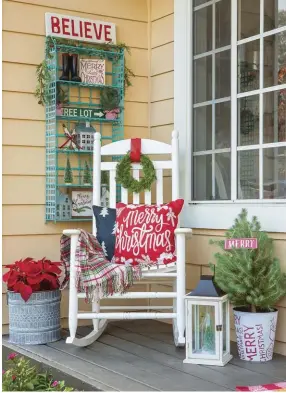  ??  ?? |TOP RIGHT| SMALL DETAILS, BIG IMPACT. “My favorite space to decorate for Christmas is my front porch. I love adding all my pillows, throws, poinsettia­s, wreaths and little touches to create a welcoming environmen­t,” Samantha says. “Details are everything! I added red rubber boots with greenery and ribbons to the lanterns to create something special.”
