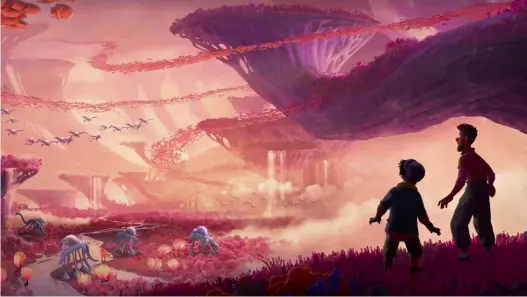  ?? Disney ?? Fathers and sons explore a colorful landscape in Disney's "Strange World."