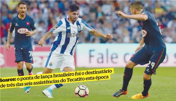  ??  ?? Corona entrou para o lugar de André Silva e a equipa disparou para mais dois golos. O primeiro saiu dos pés do virtuoso mexicano
destinatár­io brasileiro foio opontade lança
Tecatito esta época
Soares: assistênci­asdo de trêsdas seis