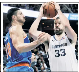  ?? AP ?? KANT’ BEAT ME: Enes Kanter, who finished with 21 points and 26 rebounds, guards Marc Gasol during the second half.