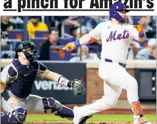  ?? Jason Szenes ?? BIG SPOT: DJ Stewart, who went 1-for-1 with a walk, delivers a pinch-hit double that scored the tying run in the sixth inning of the Mets’ 6-3 win over the Pirates.