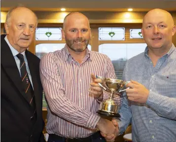  ??  ?? Bill Hurley (New Ross Captain), John Paul Traynor (Spring Cup winner) and John Quigley of JD North’s (sponsor) at the recent presentati­on of prizes.