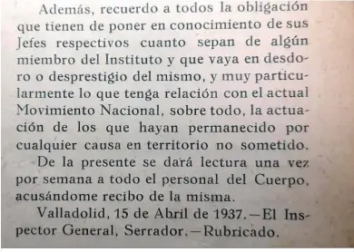  ?? ?? Detalle de la Circular número 2 de 15 de abril de 1937 sobre ‘Depuración de conducta’.