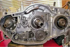  ??  ?? Here we can see the starter gears, selector shaft and kick-start shaft and stop-per and crank primary gear.