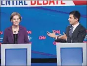  ?? John Minchillo Associated Press ?? ELIZABETH WARREN was a target for criticism. For Pete Buttigieg, it was no more Mr. Nice Guy.