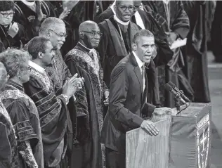  ?? Lawrence Jackson ?? President Barack Obama delivers the eulogy at the funeral of Rev. Clementa Pinckney at the College of Charleston. The moment is featured in “The Black Church” documentar­y on PBS.