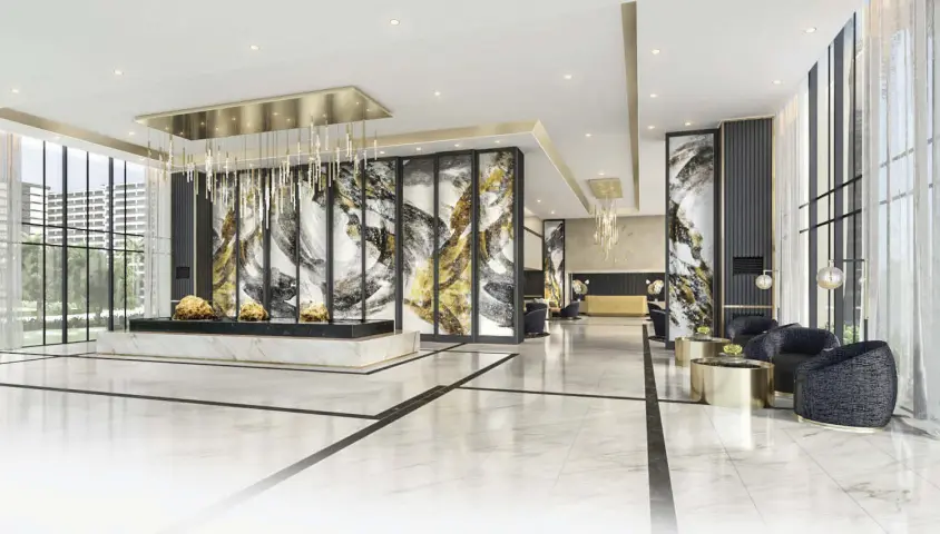  ??  ?? Homeseeker­s and visitors will immediatel­y be drawn with the glamorous interior of the SMDC Gold Residences’ grand lobby.