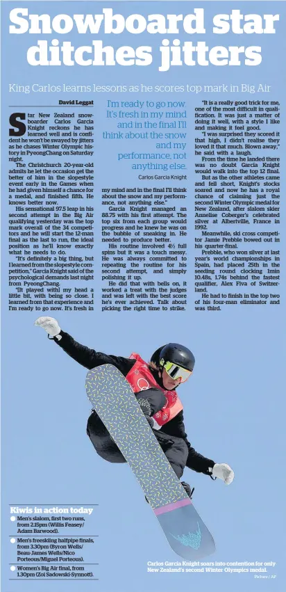  ?? Picture / AP ?? Carlos Garcia Knight soars into contention for only New Zealand’s second Winter Olympics medal.