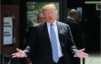  ?? CP PHOTO ?? U.S. President Donald Trump leaves the G7 Leaders Summit in La Malbaie, Que., on Saturday. Trump upped the ante on Canada’s supply-managed dairy system over the weekend as he repeatedly warned that the country would face repercussi­ons unless it is dismantled.