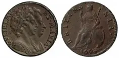  ??  ?? A William and Mary Copper Farthing of 169, the first year in which copper was reintroduc­ed following the use of tin. This example was offered by Sovereign Rarities Ltd (www.sovr.co.uk)