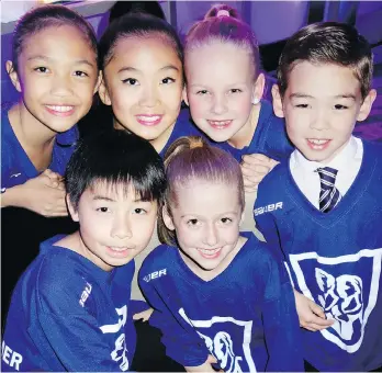  ??  ?? Scarlett Bacolod, Lincoln Xu, Tori Chun, Brisa Curzon, Kirra Joyce and Jeremy Beck wore “Future Hall of Famer” jerseys at the B.C. Sports Hall of Fame banquet.