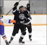  ?? NEWS PHOTO RYAN MCCRACKEN ?? Medicine Hat Cubs defenceman Joshua Schafer celebrates after scoring a goal in Sunday’s pre-season hockey game against the Assiniboia Southern Rebels at the Kinplex.