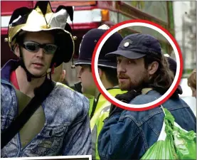  ?? ?? ACTIVIST: Alessio Lunghi, circled, on a May Day parade in 2002 and, inset, in online Don’t Pay UK meeting