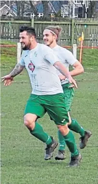  ?? Pictures: John Laing. ?? Left: Thornton Hibs’ Ben Anthony shields the ball from Broughty midfielder Marc Scott. Above: Chris Ireland celebrates his 100th goal for the Fife side.