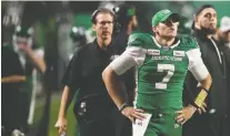  ?? BRANDON HARDER ?? Roughrider­s quarterbac­k Cody Fajardo had one of his worst games July 6 in a 37-10 loss to the visiting Calgary Stampeders.