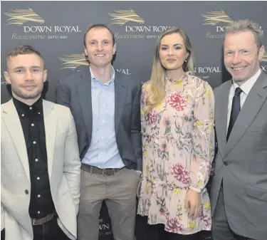  ??  ?? Boxing clever: (from left) Carl Frampton, leading jockey Jamie Codd, former Miss Northern Ireland Tiffany Brien and broadcaste­r, and former top jockey, Mick Fitzgerald at yesterday’s Down Royal Festival launch at the Ulster Museum in Belfast