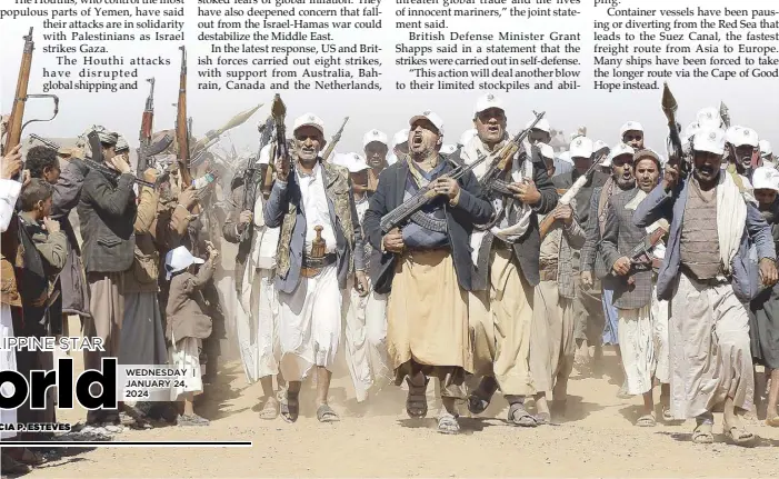  ?? AP ?? Houthi fighters march during a rally of support for the Palestinia­ns in the Gaza Strip and against the US strikes on Yemen outside Sanaa on Monday.