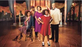  ?? Paul Gilmore / AP ?? The cast of "Annie Live!," from left, Taraji P. Henson as Miss Hannigan, Tituss Burgess as Rooster Hannigan, Nicole Scherzinge­r as Grace Farrell, Celina Smith as Annie, and Harry Connick, Jr. as Daddy Warbucks.