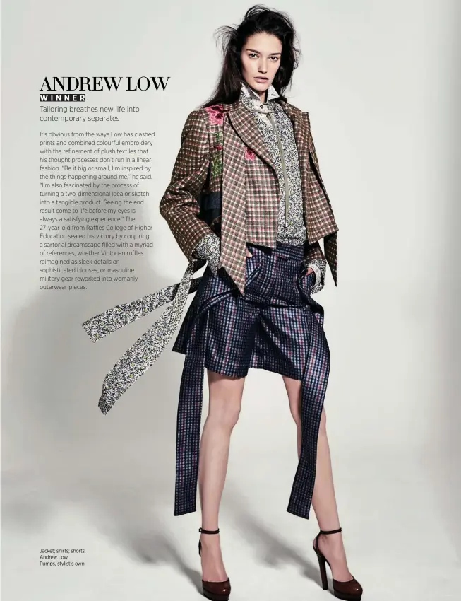  ??  ?? Jacket; shirts; shorts, Andrew Low. Pumps, stylist’s own
