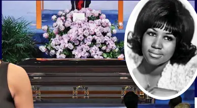  ??  ?? Floral farewell: Her coffin at Greater Grace Temple. Inset: Aretha in 1967