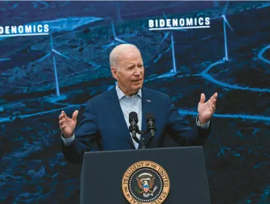  ?? KENNY HOLSTON/THE NEW YORK TIMES ?? President Joe Biden speaks last August at the newly built Arcosa Wind Towers facility in Belen, N.M.